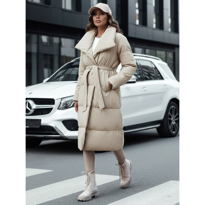 BASIC Svetlobéžová dlhá prešívaná bunda s pásikom FAVI TY4572 57275351