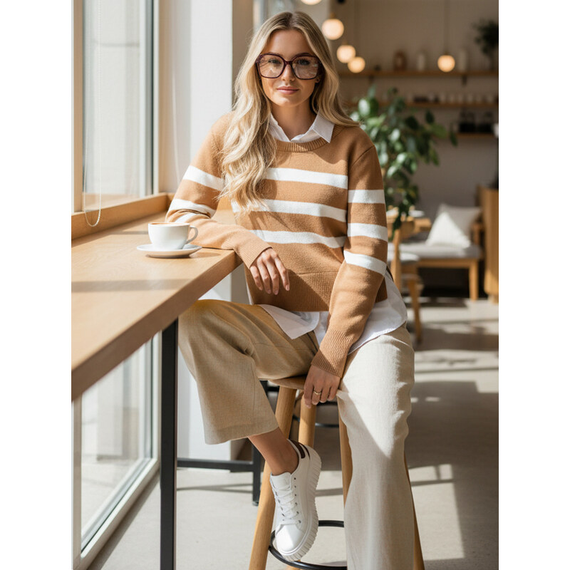 BASIC Béžovo-biely pruhovaný sveter s košeľou ASTRIDA MY2226 47338041