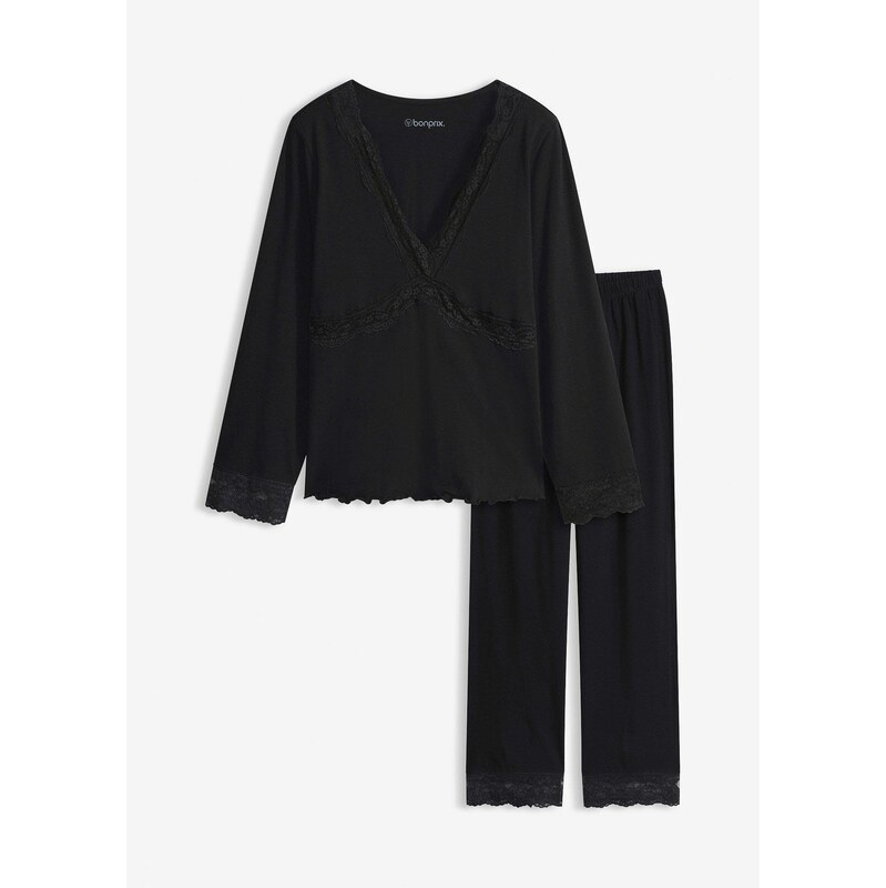 bonprix Pyžamo s čipkou, farba čierna 67085320