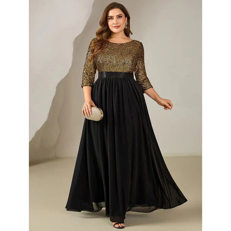 Dlhé šaty so zlatým flitrovaným živôtikom a čiernou sukňou 67098193