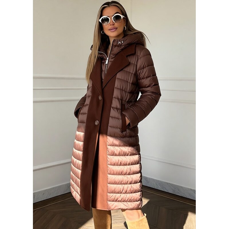 Due Linee Dámská elegantní černá bunda kombinace látek hnědá 65628067