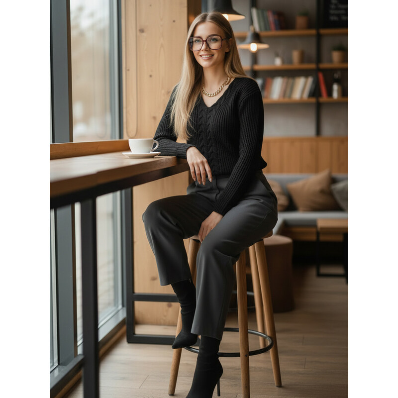 BASIC Čierny sveter CANDIS s pleteným vzorom MY1806 37710714