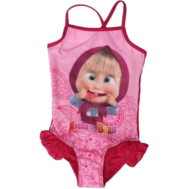 Setino Dievčenské jednodielne plavky Máša a medveď - tm. ružové 12914962