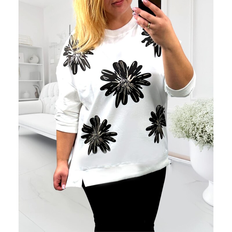 Mikina s tmavými kvetmi s leskom biela 67130428