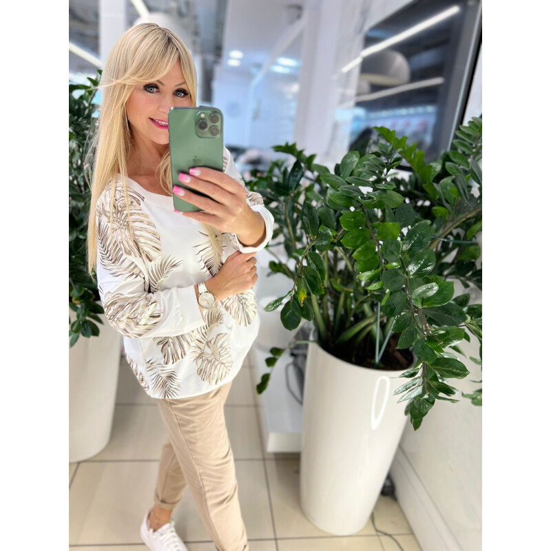 Mikina s béžovými listami s leskom biela 67130575