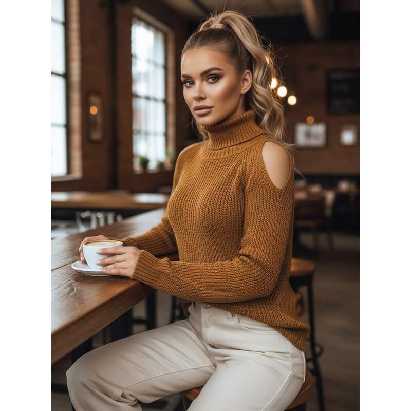 BASIC Horčicový pletený rolák s prestrihmi ARIEL MY1707 37378627