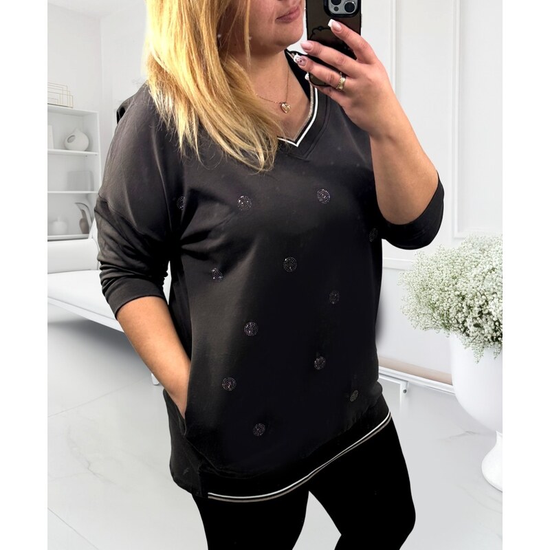 Mikina s kovovými kamienkami a vreckami tmavohnedá 67147991