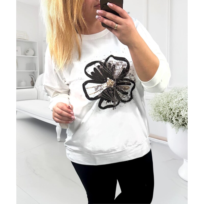 Mikina s aplikáciou hnedého kvetu biela 67147992