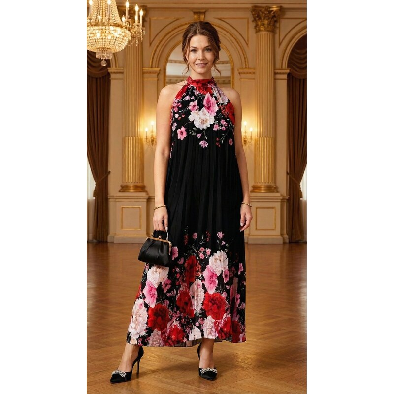 Plisované kvetované šaty so zaväzovaním na krku čierne 66197808