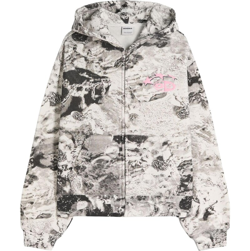 Bershka Tepláková bunda sivá / pastelovo ružová / čierna / šedobiela 67164407