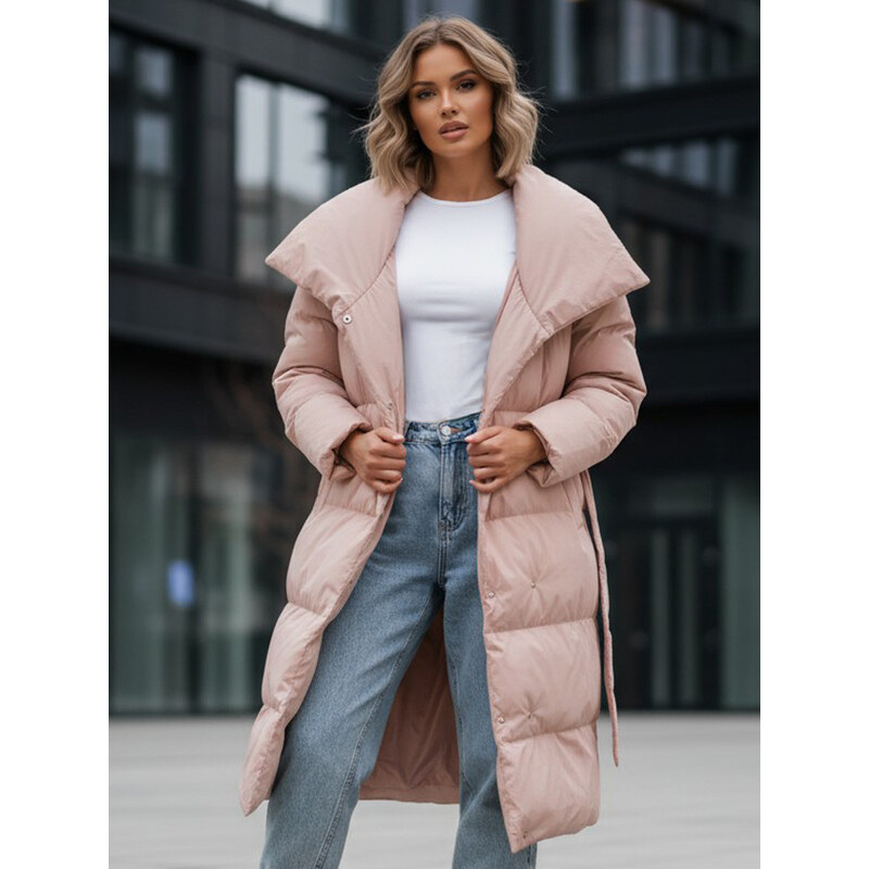 BASIC Púdrovo ružový dlhý prešívaný kabát s pásikom FAVI TY3090 47337876