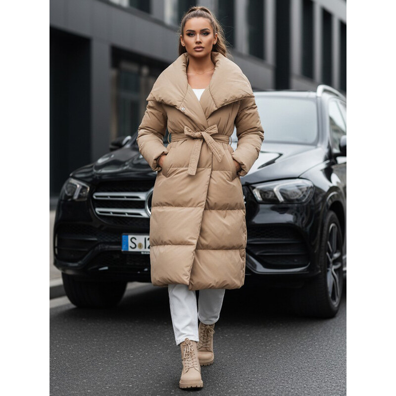 BASIC Béžová dlhá prešívaná bunda s opaskom FAVI TY3091 47337877