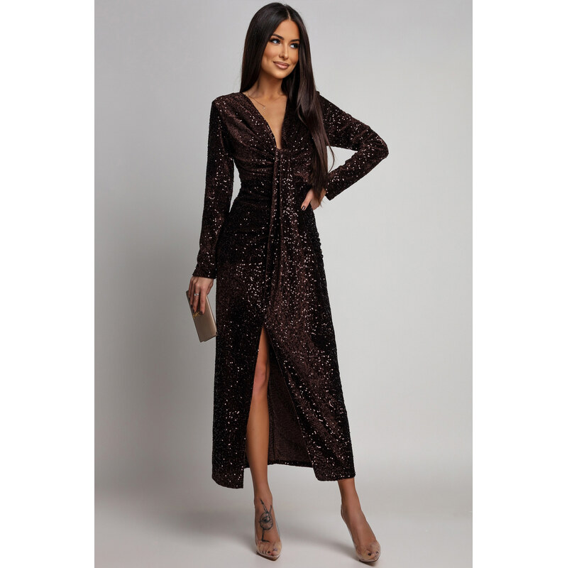 miadresses.sk Hnedé flitrované šaty s rozparkom 67190145