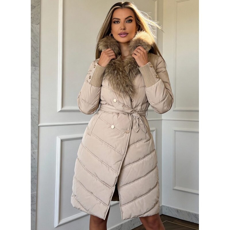 Due Linee Dámská exkluzivní bunda s pravým mývalovcem béžová 65628080