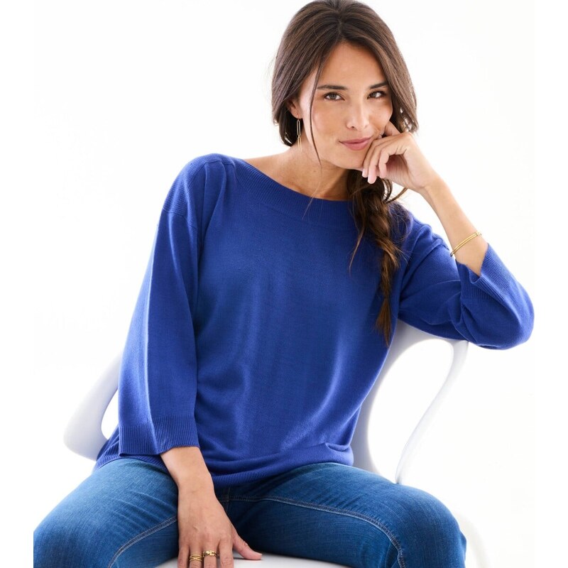Pulóver s lodičkovým výstrihom a 7/8 rukávmi tmavomodrá 036 61843562