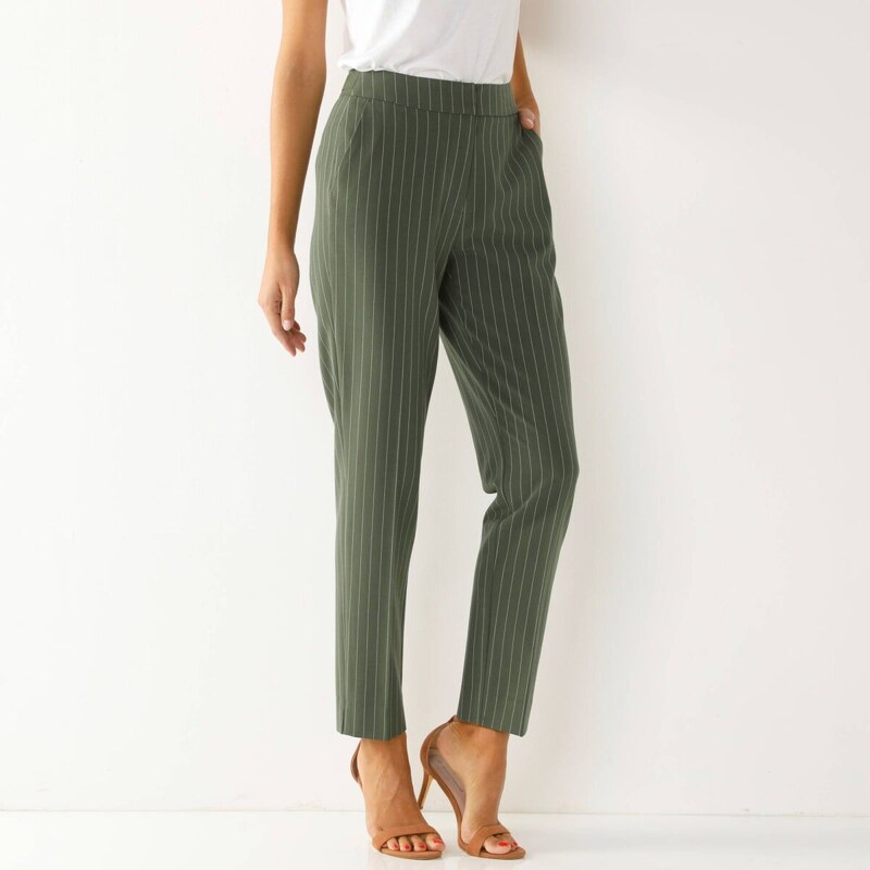 Pruhované cigaretové nohavice po členky khaki 052 Blancheporte 61843629