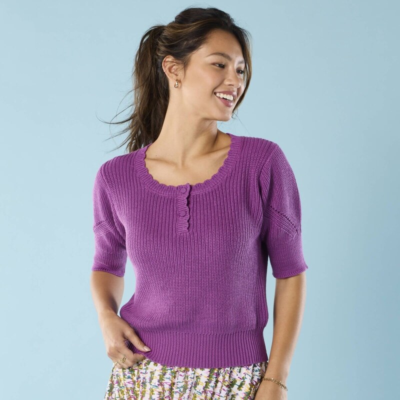 Úpletové tričko s rukávmi po lakte pre nižšiu postavu fialová 044 61843650