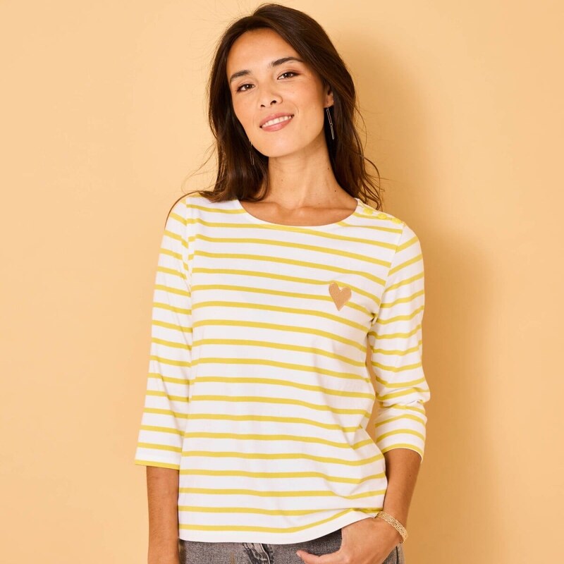 Pruhované tričkoz bio bavlny s výšivkou srdca biela/anízová 036 61854038