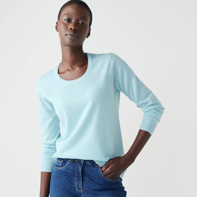 Jednofarebný pulóver s okrúhlym výstrihom morská zelená 036 61854043