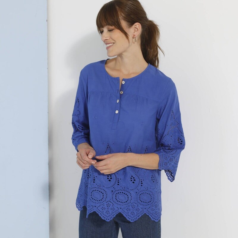 Madeirová blúzka s okrúhlym výstrihom na gombíky a 3/4 rukávmi 61843800