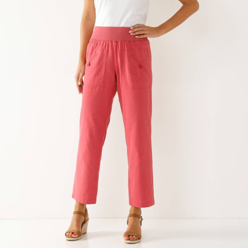 Rovné plátené nohavice po členky, s pružným pásom malinová 040 61843824