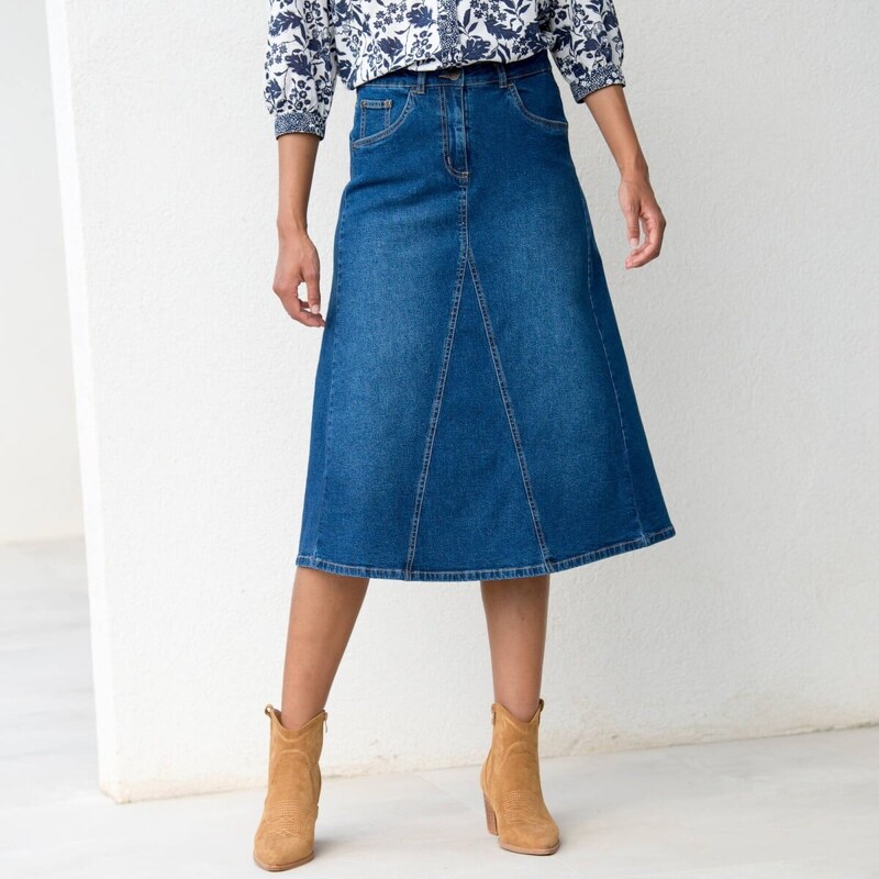 Rozšírená džínsová midi sukňa zapratá modrá 036 Blancheporte 61854069