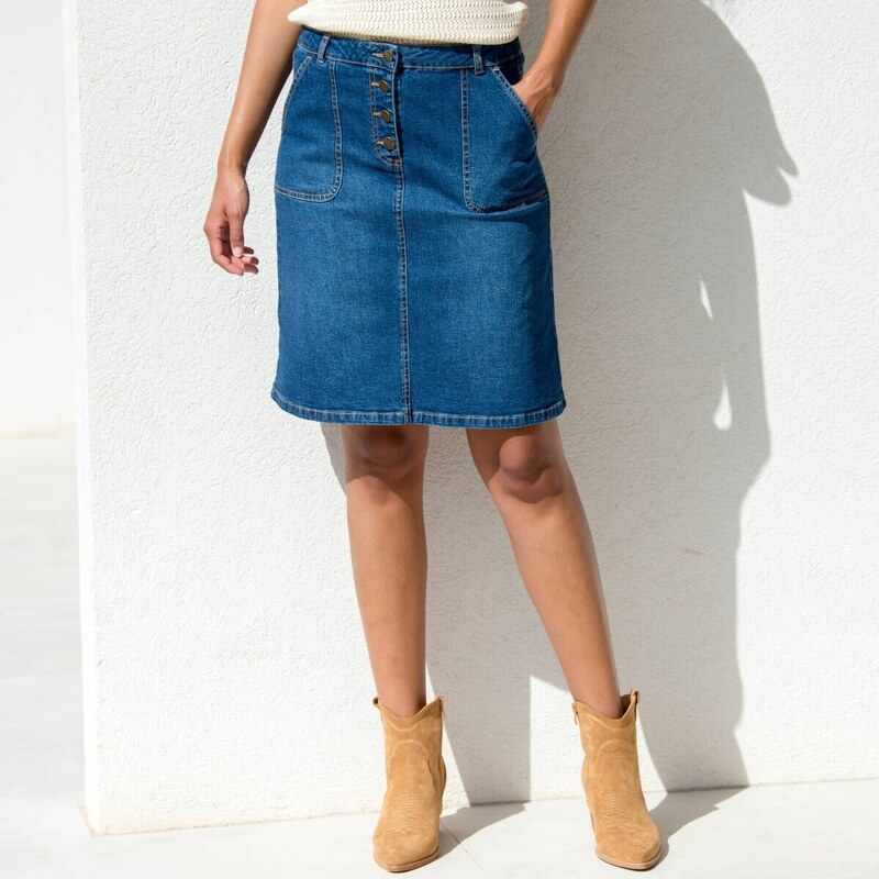 Rozšírená džínsová sukňa s gombíkmi zapratá modrá 036 Blancheporte 61843850