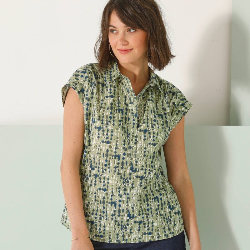 Blúzka s výstrihom na gombíky a potlačou zelená/nám.modrá 042 61854099