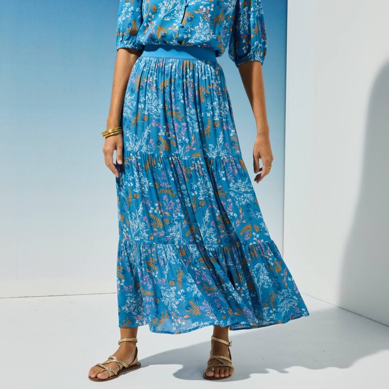 Dlhá volánová sukňa s potlačou kvetov modrá 036 Blancheporte 61843904