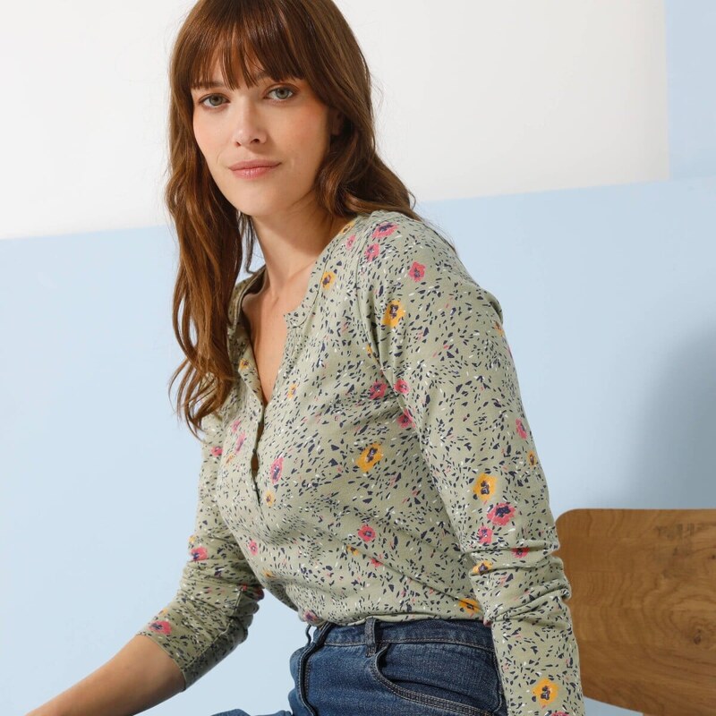 Tričko s výstrihom na gombíky, dlhými rukávmi a potlačou khaki 036 61854115