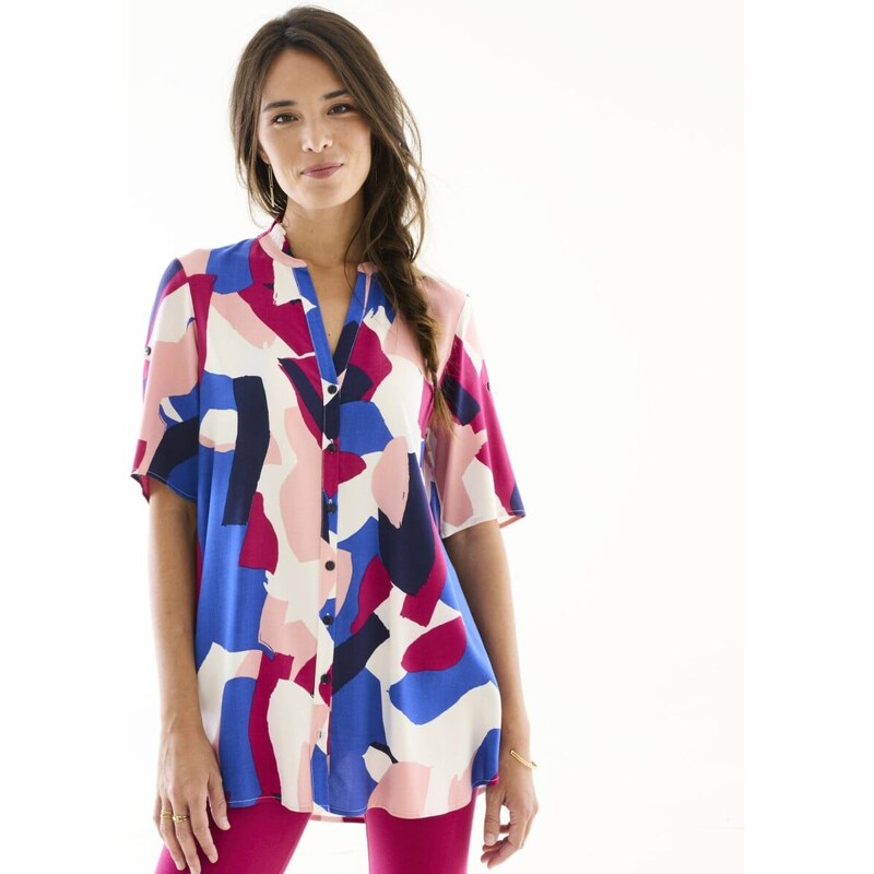 Tunika na gombíky s tuniským výstrihom a grafickou potlačou purpurová 61843923