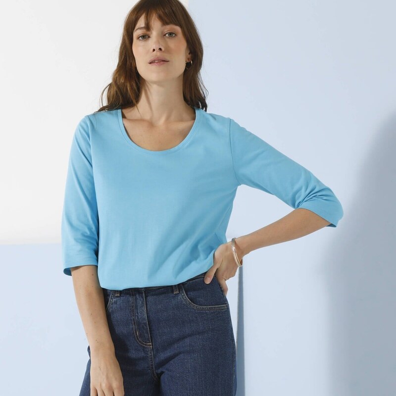 Jednofarebné tričko s 3/4 rukávmi a okrúhlym výstrihom tyrkysová 036 63924787