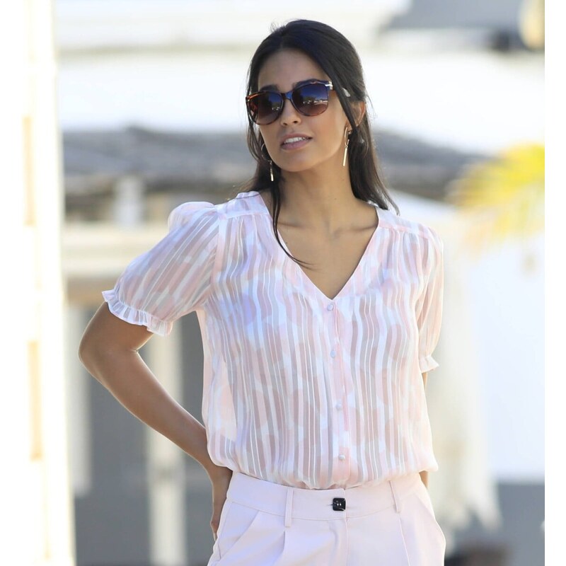 Košeľová blúzka s dvojfarebnou potlačou ružová púdrová/režná 044 61882554