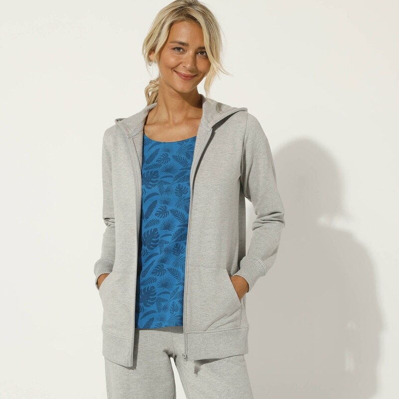 Bunda na zips s kapucňou z česaného moltonu sivý melír 036 61916396