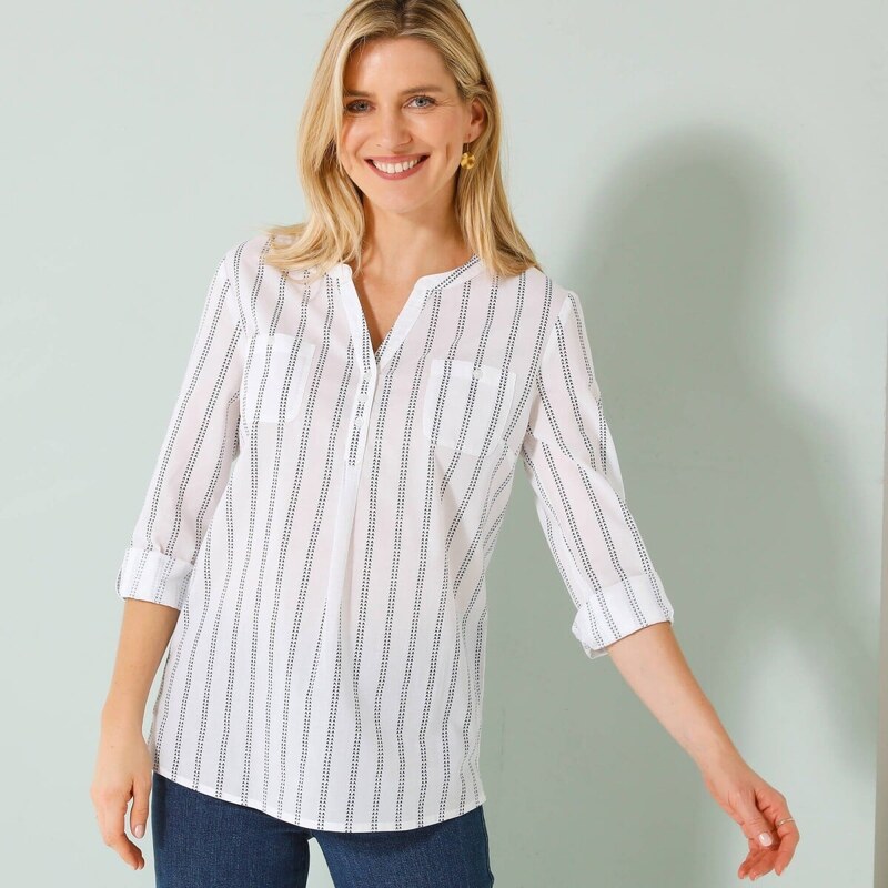 Prúžkovaná tunika s výstrihom na gombíky biela/nám.modrá 036 61916427