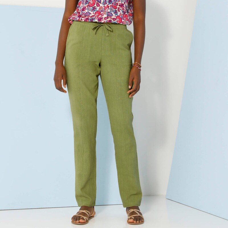 Zúžené nohavice s pružným pásom, z bavlny a ľanu machová 036 61916543