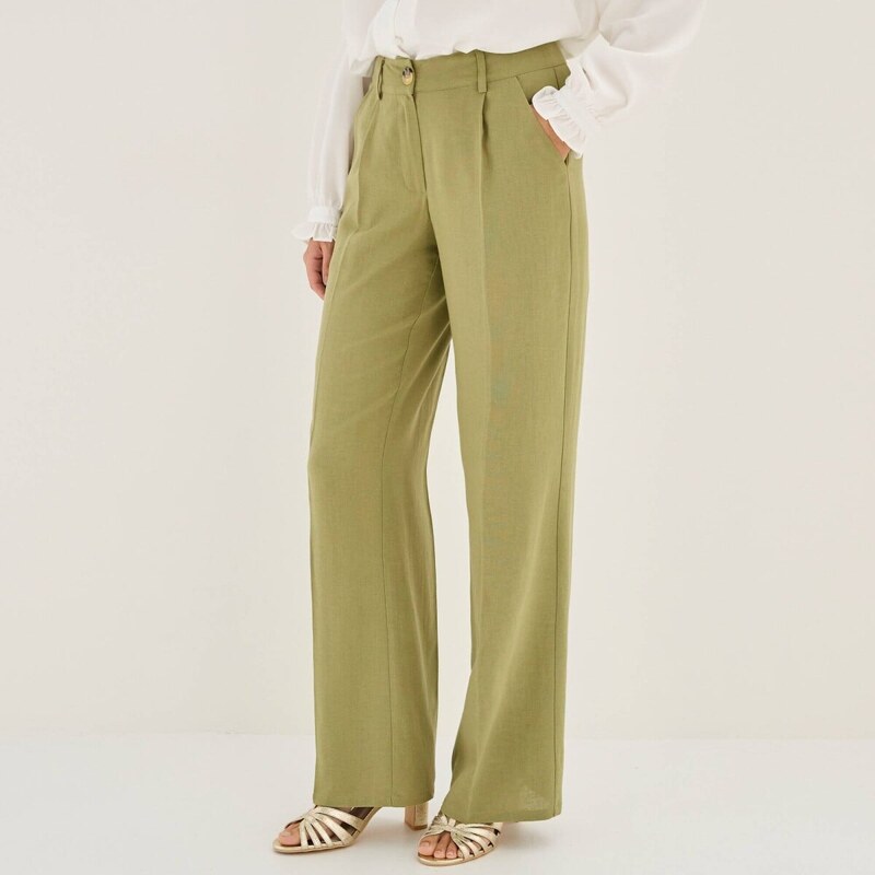 Široké jednofarebné nohavice s pukmi a prímesou ľanu zelená 050 62884807