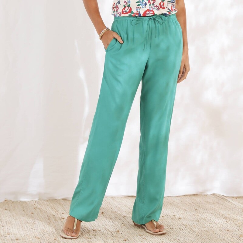 Jednofarebné široké nohavice s pružným pásom smaragdová 048 63340270