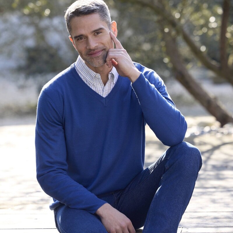 Pulóver s výstrihom do V, 100 % akryl modrá 086 Blancheporte 56966739