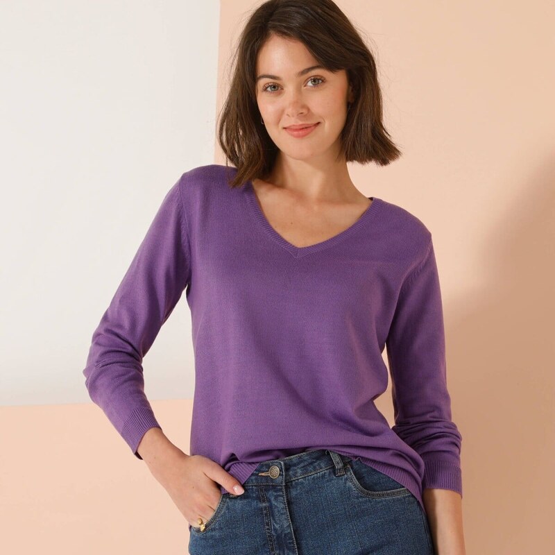 Pulóver s výstrihom do V lila 036 Blancheporte 61843779