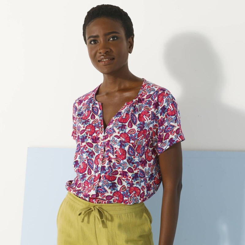 Blúzka s krátkymi rukávmi, potlač rastlín biela/modrá 054 Blancheporte 61916599