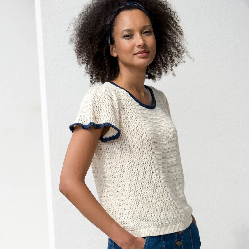 Úpletové tričko s kontrastným lemovaním ražná/nám.modrá 036 61854075