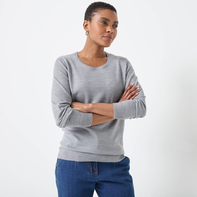 Jednofarebný pulóver s okrúhlym výstrihom sivý melír 054 Blancheporte 65217699