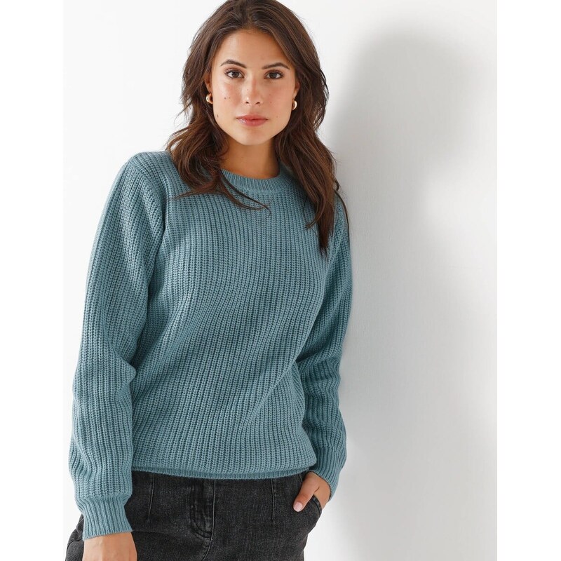 Pulóver s okrúhlym výstrihom a hladkým vzorom tyrkysová 054 65217751