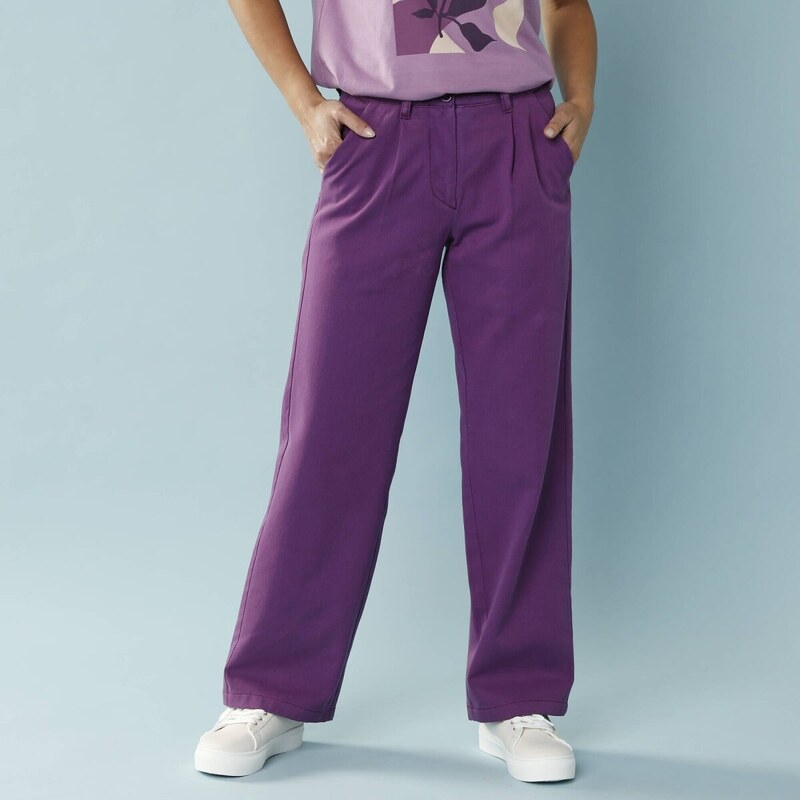 Keprové široké nohavice pre nižšiu postavu purpurová 052 Blancheporte 65218554