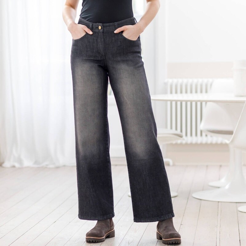 Široké nohavice z denimu s 5 vreckami zapratá čierna 052 Blancheporte 65218979