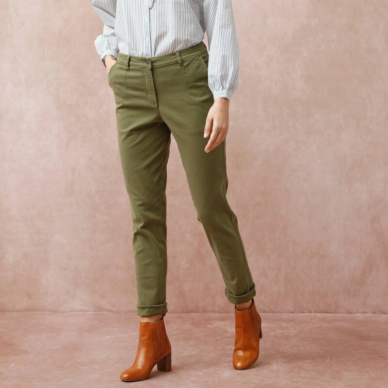 Keprové nohavice mom s vysokým pásom khaki 052 Blancheporte 65219008