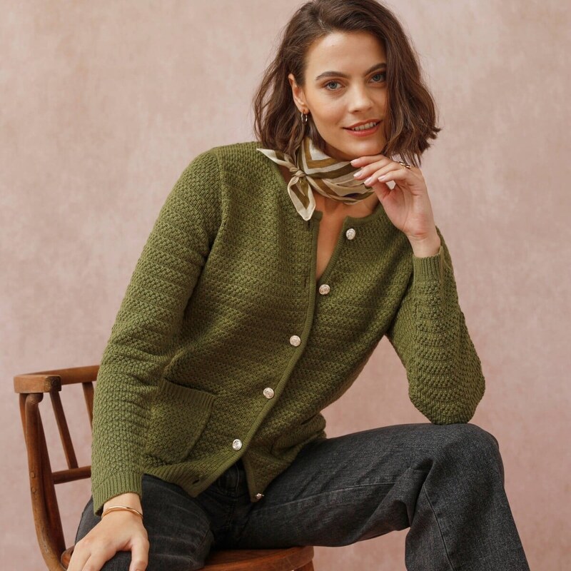 Sveter so zapínaním na gombíky, jednofar olivová 050 Blancheporte 65218575