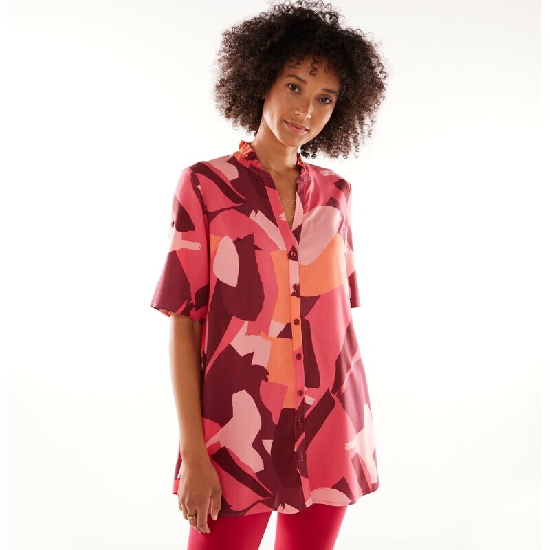 Tunika na gombíky s tuniským výstrihom a grafickou potlačou malinová 48781964