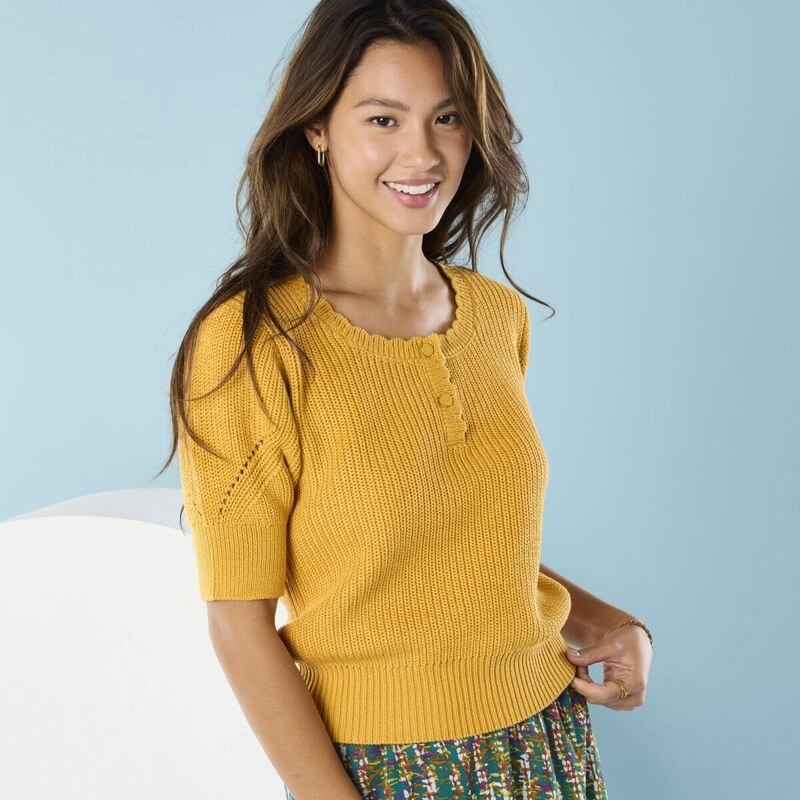 Úpletové tričko s rukávmi po lakte pre nižšiu postavu medová 040 61843643